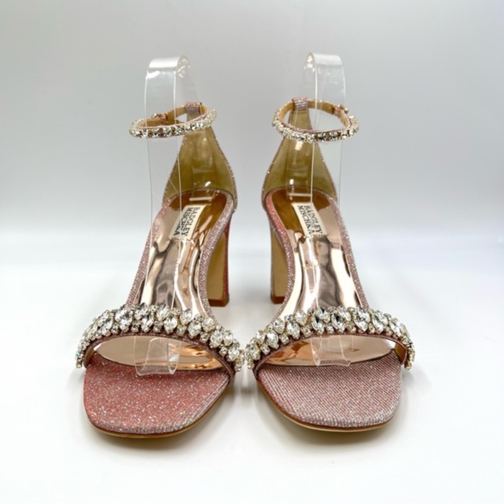 Badgley Mischka Size 8.5 Pink Silver Block‎ Heels Open Toe Dress Sandal Shoes - Picture 2 of 14